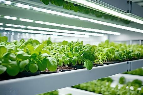 现代工厂里的绿意新生 简约风格盆栽蔬菜幼苗种植环境